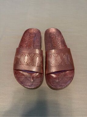 PINK Victoria's Secret Rose Gold Glitter Slide Sandals